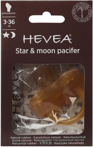 Соска-пустушка Hevea Star and Moon Large анатомічна від 3 до 36 місяців Жовтогаряча