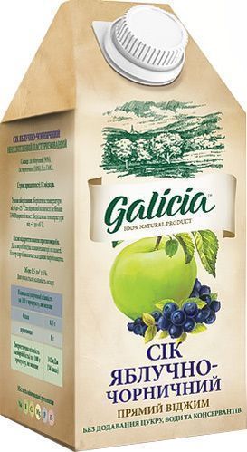 Сік Galicia Яблучно-чорничний неосвітлений пастеризований 0,5л (4820151001321) 