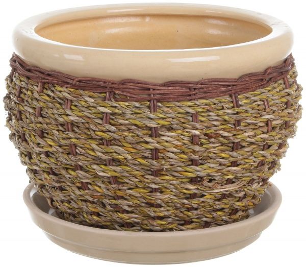 Горшок Viet Thanh Ceramic с блюдцем плетеный 23х16 см VT.10875-2 круглый бежевый с коричневым 