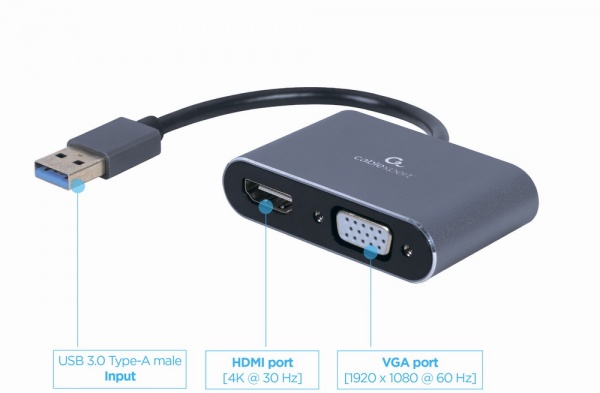 Перехідник Cablexpert USB-A на HDMI/VGA 0,15 м grey (A-USB3-HDMIVGA-01) 