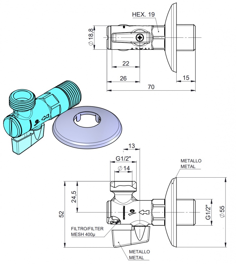 Кран кульовий Rhein приладовий з фільтром 1/2x1/2 з-з 500000023