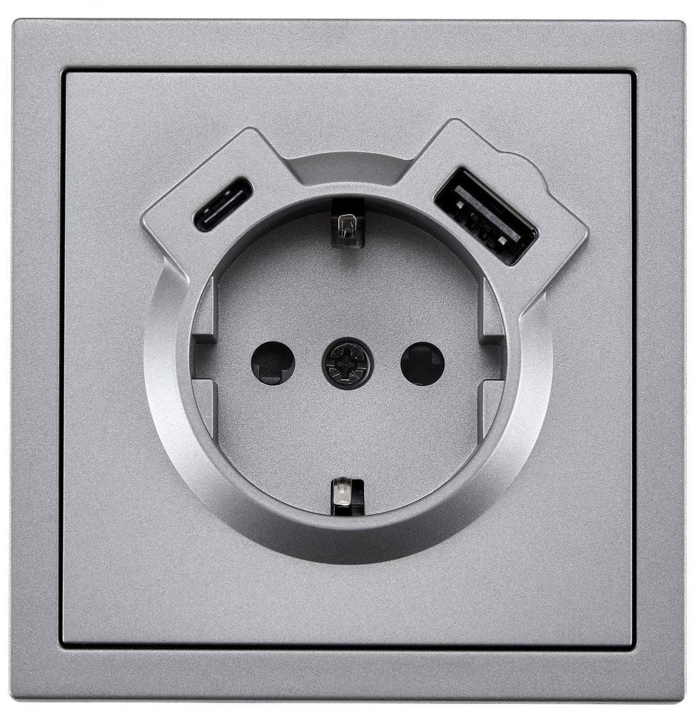 Механізм розетки побутова + USB + Type C із заземленням HausMark Juna IP20 сірий 7041-3588-181TC