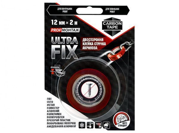 Двостороння клейка стрічка CARBON TAPE Ultra Fix 12 мм х 2 м прозорий