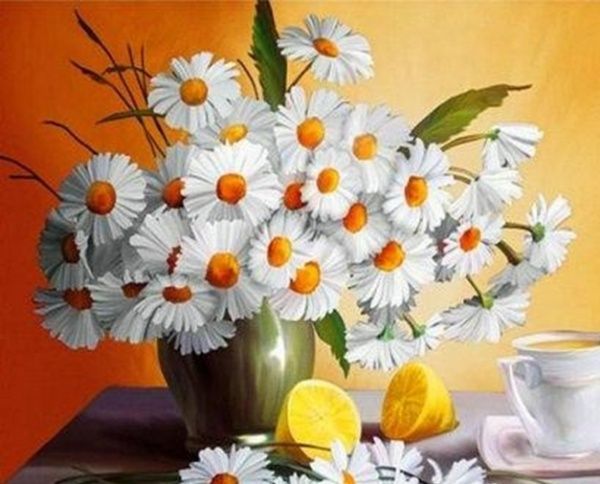 Набір для творчості зі стразами на підрамнику з принт. рамою Натюрморт з ромашками 40x50 см Діамантові ручки 