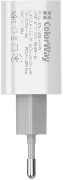 Зарядное устройство ColorWay Power Delivery Port PPS USB Type-C (30W) white (CW-CHS038PD-WT) 