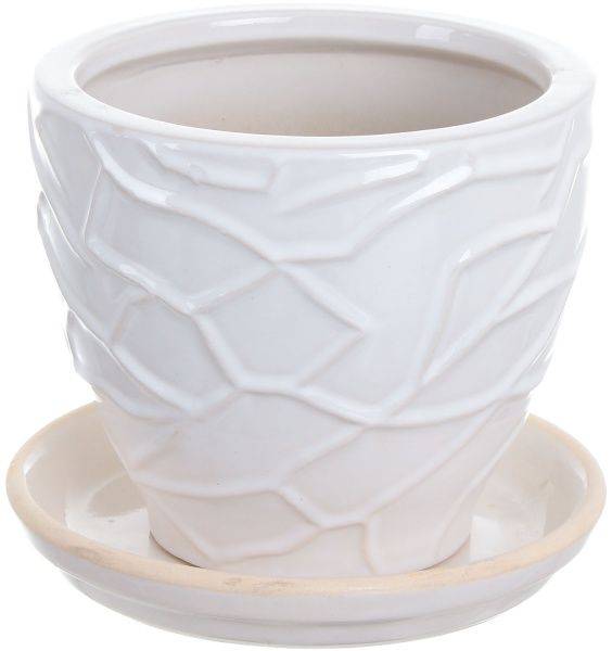 Горщик Viet Thanh Ceramic з блюдцем жатий 16х14 см VT.10842-3 фігурний білий 