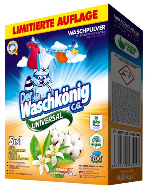 Пральний порошок для машинного та ручного прання WASCHKONIG UNIVERSAL Orangen und Baumwollextrakt 6 кг
