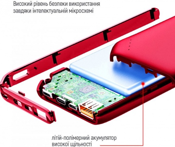 Внешний аккумулятор (Powerbank) ColorWay Soft touch Ligthning + USB QC3.0 + USB-C PD 18W 10000 mAh red (CW-PB100LPE3RD-PD) 
