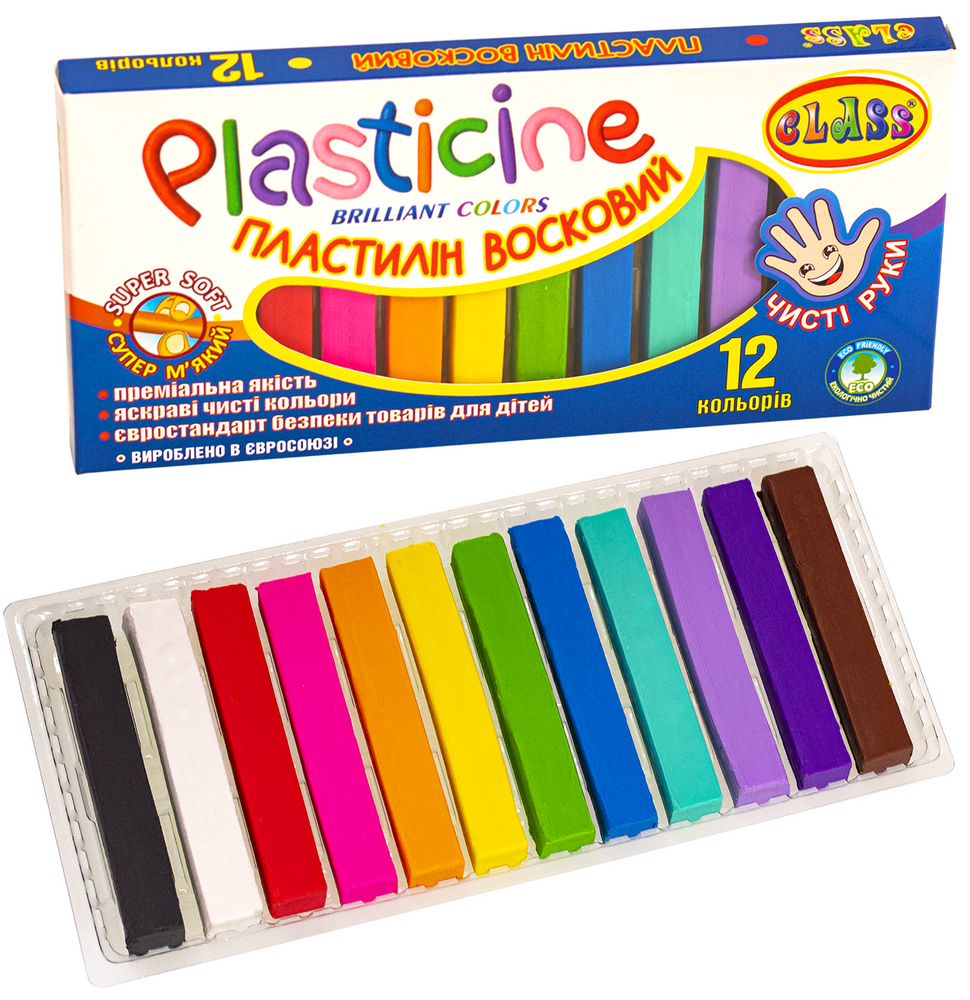 Пластилін восковий Чисті руки 12 кольорів квадратний 200 г 7627-2С CLASS