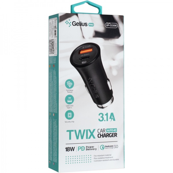 Автомобильное зарядное устройство Gelius Pro Twix GP-CC006 USB/Type-C QC/PD18W Black (2099900851759) 