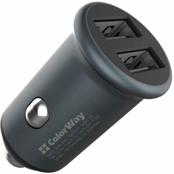 Автомобільний зарядний пристрій ColorWay 2USB Quick Charge 3.0 (36 Вт) сірий CW-CHA036Q-GR