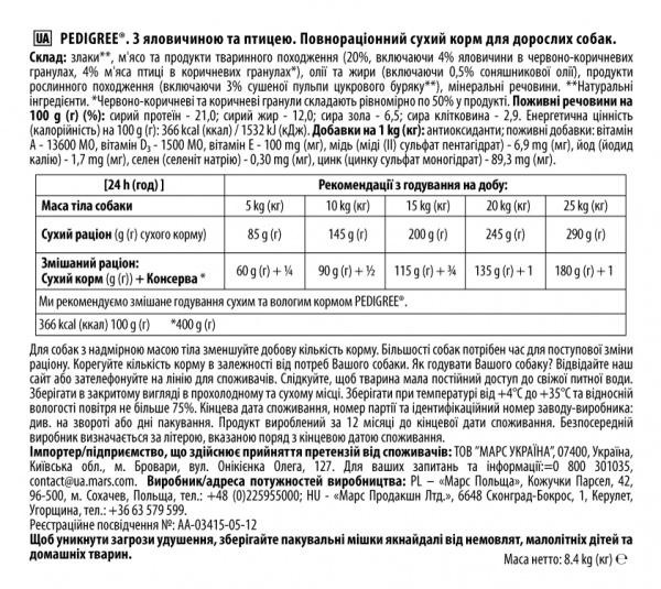 Корм сухий для дорослих собак для середніх порід Pedigree Яливичина та птиця 8 кг