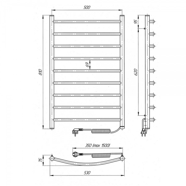 Рушникосушарка електрична Laris Класик ЧФ(Ч) 9 500х800 Е П