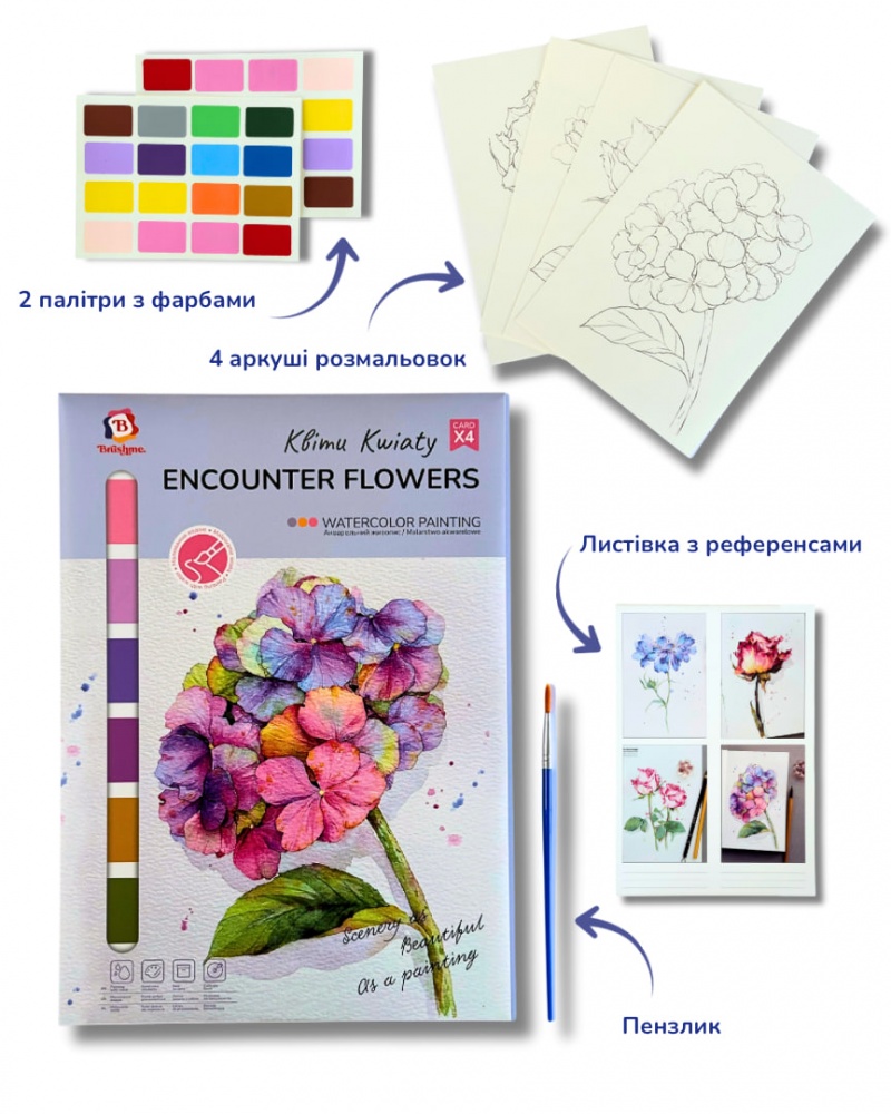 Набор-раскраска акварельная на водной основе А4 Цветы Brushme