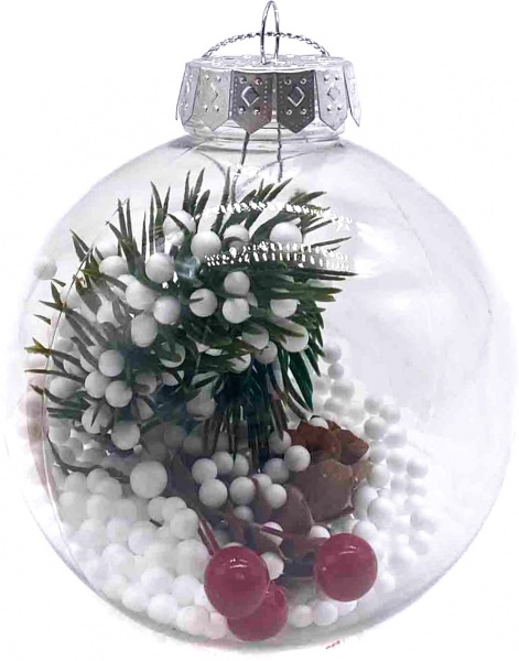 Шар новогодний Dalian Everglory с снегом и ягодным декором 8 мм прозрачный LX2021-0202