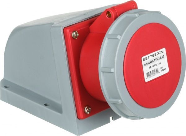Розетка силовая стационарная с заземлением E.NEXT e.socket.115.16.67, 5п., 400В, 16А , IP 67 серый с красным i082009