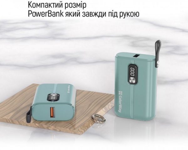 Внешний аккумулятор (Powerbank) ColorWay Full power Ligthning + USB QC3.0 + USB-C PD 22.5W 10000 mAh green (CW-PB100LPK2GR-PDD) 