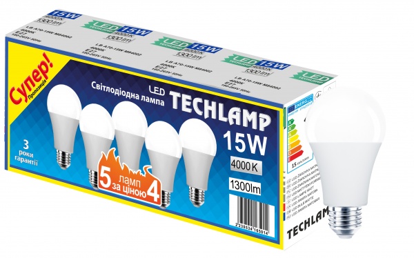 Лампа светодиодная Techlamp Промо 4+1 15 Вт A65 E27 220 В 4000 К LED A65 15W 4000К E27 