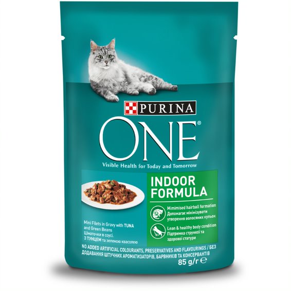 Корм для кастрованих котів/стерилізованих кішок ONE Indoor з тунцем і зеленою квасолею 85 г