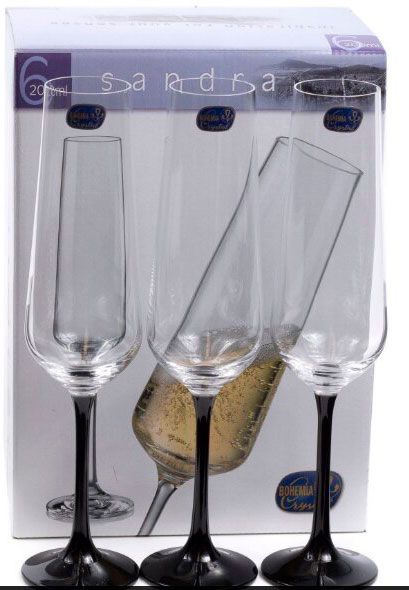 Набір бокалів для шампанського Sandra 200 мл 6 шт з чорною ніжкою Bohemia