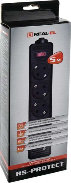 Фильтр-удлинитель REAL-EL RS-PROTECT с заземлением 5 гн. черный 5 м RS-PROTECT 5m, black (REAL-EL) 