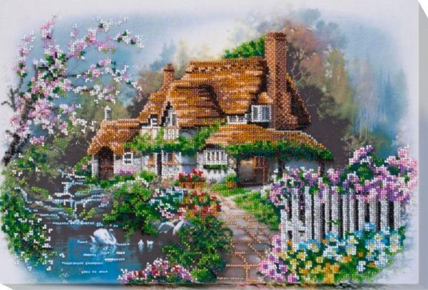 Набор для вышивания бисером на натуральном художественном холсте Домик на озере АВ-495 Абрис Арт 