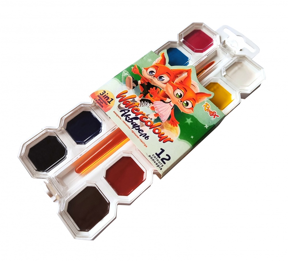 Краски акварельные 3 в 1 с крышкой-палитрой 12 шт. RUDIX