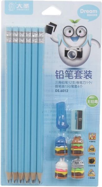 Набір олівців чорнографітних стругачка та гумка для олівця блакитний