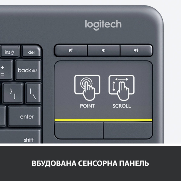 Клавіатура Logitech Wireless Touch Keyboard K400 Plus (L920-007145) black 