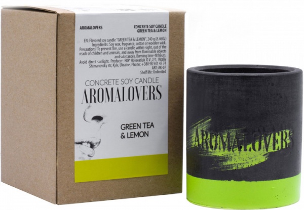 Свеча ароматическая Aromalovers соевая в бетоне Зелёный чай и лимон 240 г 