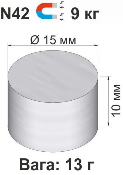 Магніт неодимовий 15х10 мм N42 9 кг