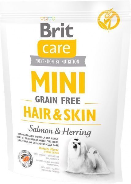 Корм Brit Care Mini Grain Free Hair & Skin з лососем та оселедцем, 400г, 170783