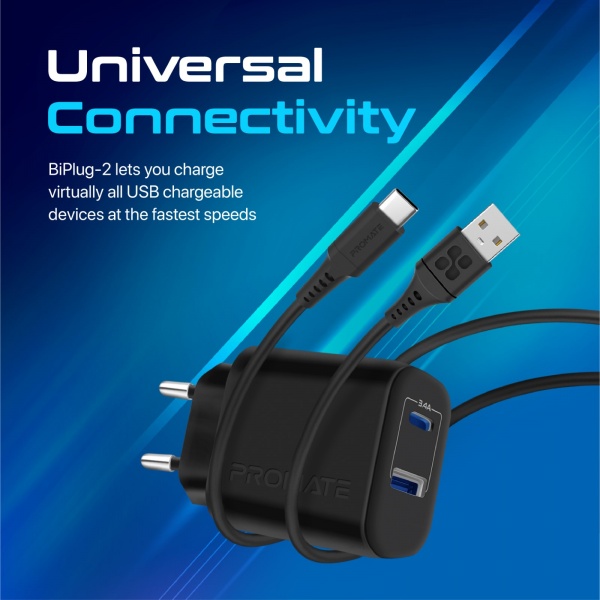 Сетевое зарядное устройство Promate Biplug-2 17 Вт USB-C+USB-A