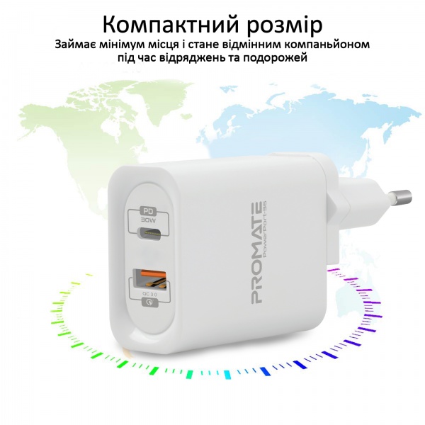 Зарядное устройство Promate PowerPort-36 36Вт Type-C PD + USB QC3.0 White 