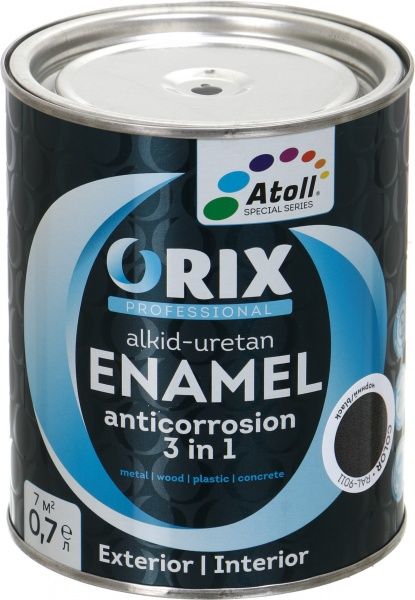 Эмаль Atoll ORIX COLOR 3 в 1 RAL 9011 черный глянец 0,7л