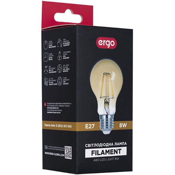 Лампа світлодіодна Ergo Filament A60 8 Вт E27 3000 К 220 В жовта 