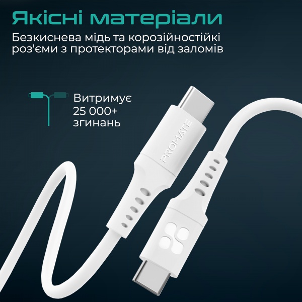 Кабель Promate PowerLink-CC200 USB-C to USB-C 60 Вт Power Delivery 2 м білий (powerlink-cc200.white) 