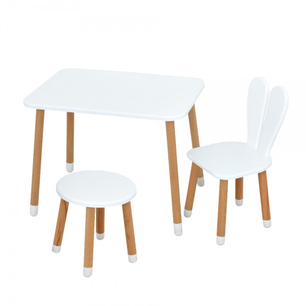 Комплект мебели детский ArinWOOD Зайчик белый (столик 500x680 + стульчик + табурет) 04-027W-SET 