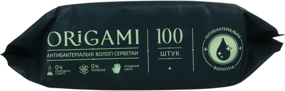 Вологі серветки ORIGAMI антибактеріальні (з клапаном) 100 шт.