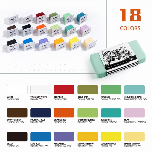 Набір гуашевих фарб AJG-001-18A 18 кольорів 30 мл LC302321 Arrtx
