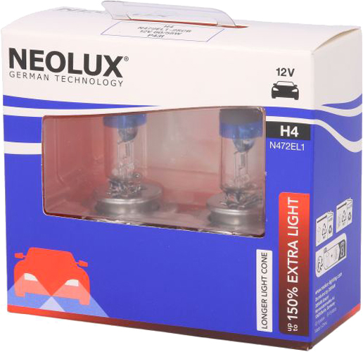 Автолампа галогенная Neolux P43T Extra Light +150% H4 60/55 Вт 2 шт.(NEN472EL12SCB)