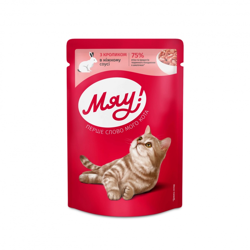 Корм влажный Мяу для взрослых кошек «С кроликом в нежном соусе» 85 г