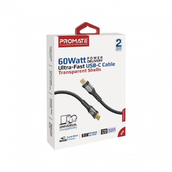 Кабель Promate TransLine-CC USB-C to USB-C 60W Power Delivery 1,2 м чорний (transline-cc.black) 