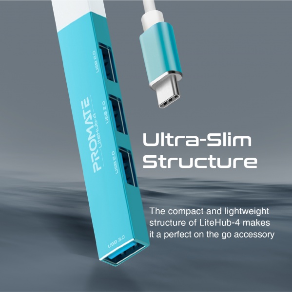 USB-хаб Promate USB-С LiteHub-4 3xUSB 2.0 + USB 3.0 blue