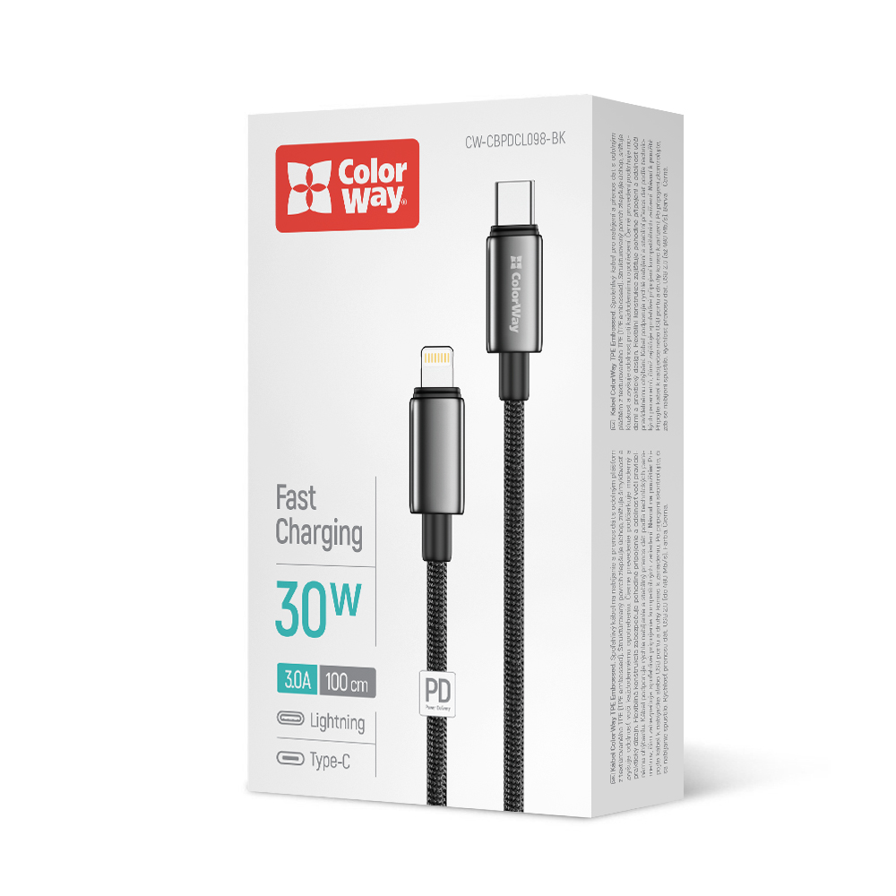 Дата-кабель ColorWay Type-C - Apple Lightning (zinc alloy braided) (PD Fast Charging 30W) 1 м black (CW-CBPDCL098-BK) — фото 1