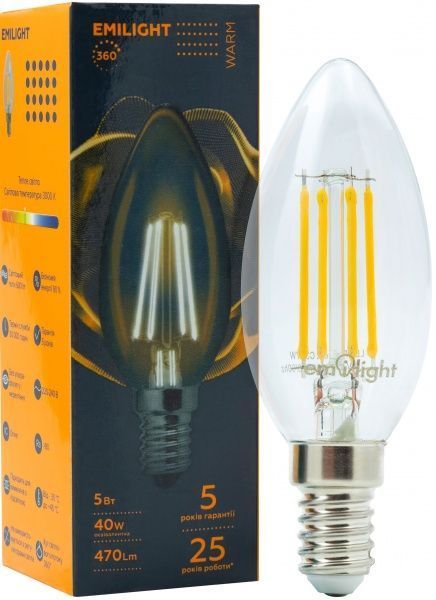 Лампа світлодіодна Emilight FIL CL C35 5 Вт E14 3000 К 220 В прозора LED Filament C35-5W-3000K-E14- 