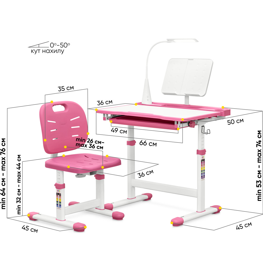 Комплект парта и стул-трансформеры Hommex Evo-kids Evo-17 PN Ergo розовый