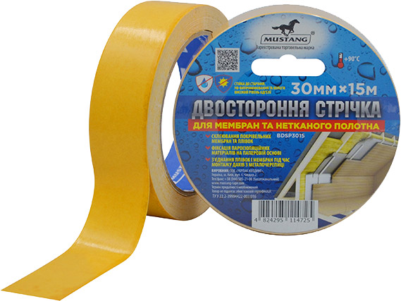 Лента Mustang двухсторонняя для мембран и нетканого полотна 30 мм x 15 м 