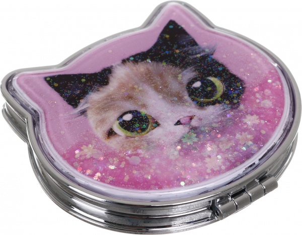 Зеркало карманное косметическое Лідер Канц Котик с сыпучими блестками фигурное 12 вариантов в ассортименте 