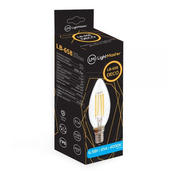 Лампа светодиодная LightMaster FIL Deco C37 6,5 Вт E14 4000 К 230 В прозрачная LB-658 